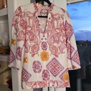 Robert Graham Shimmer White Graphic Linen Tunic with Side Zipper Size M